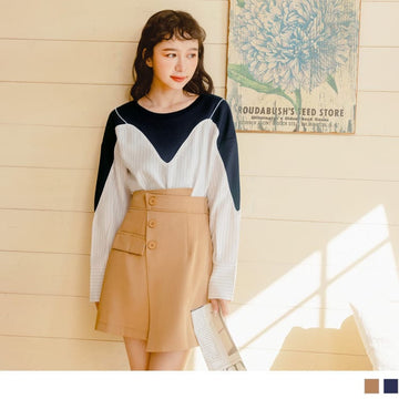 FAKE TWO PIECE STRIPED PATCHED LONG SLEEVE TOPS