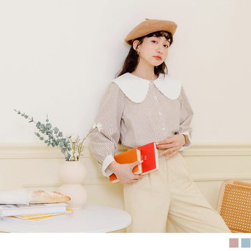 STYLING COLLAR STRIPED LONG SLEEVE TUNIC SHIRTS