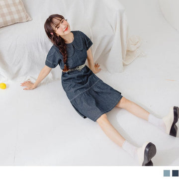 DOLL COLLAR DENIM PUFF SLEEVE RUFFLES MIDI DRESS