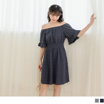 CONTRAST COLOR RUFFLE SLEEVE PRINTED MIDI DRESS