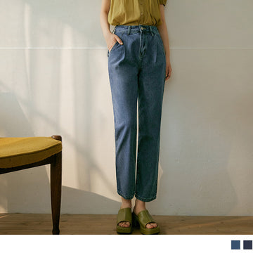 COTTON DENIM PLEAT-STRAIGHT LONG PANTS