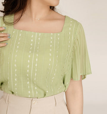 Casual Embroidered Pleated Short Sleeve Blouse Top