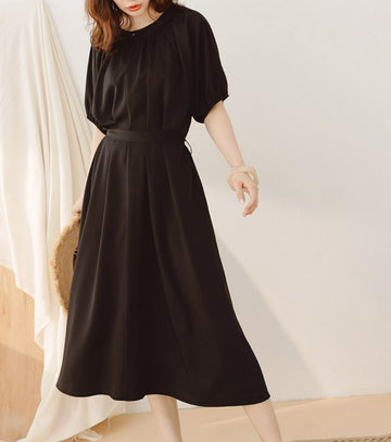 Basic Solid Plain Puff Sleeve Long Summer Dress