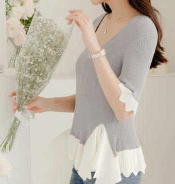 Basic Korean Colorblock U Neck Ribbed Knit Sweater Top
