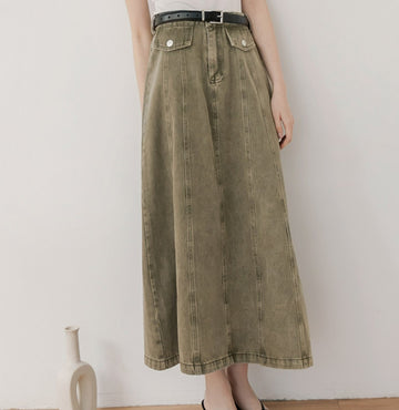 Washed Denim A-Line Long Maxi Skirt