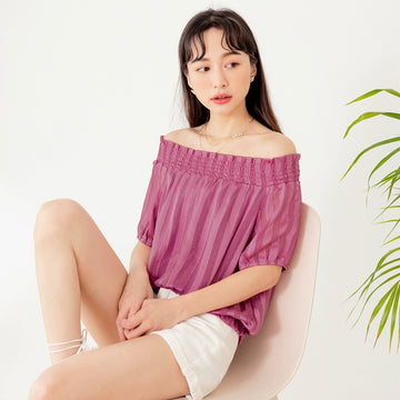 Korean Off Shoulder Shimmering Metallic Striped Sleeve Top