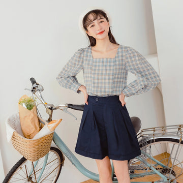 Square Neck Plaid Puff Sleeve Top