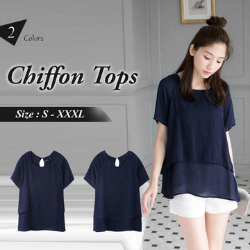 ORANGEBEAR DOUBLE HEM SOLID COLOR CHIFFON TOPS