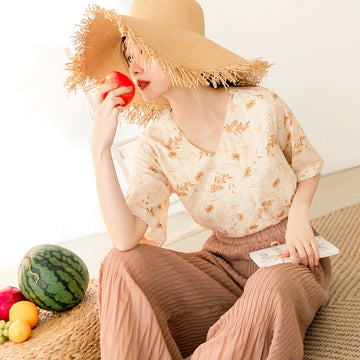 Cool Chiffon Print V-Neck Short Sleeve Top
