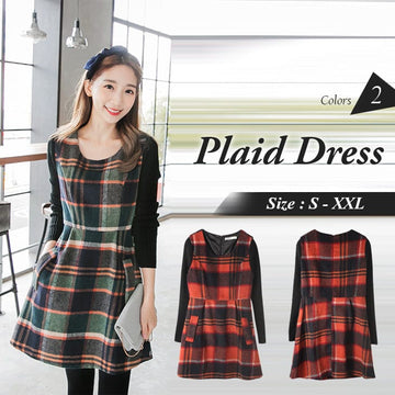 ORANGEBEAR PLAIN RIBBED X POCKET DESIGN WOOLEN PLAID SLIM DRESS