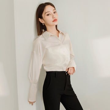 Collar Button Side Slit Long Puff Sleeve Shirt Top