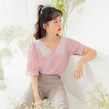 Eyelet Lace Button Puff Sleeve Top
