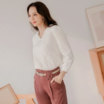 Ruffled Eyelet Lace Collar Puff Sleeve Blouse Top