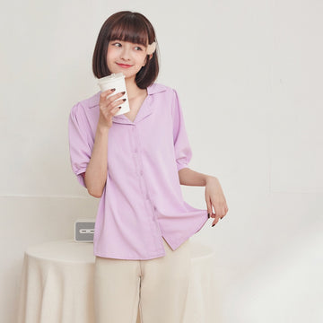 Lapel Collared Puff Sleeve Shirt