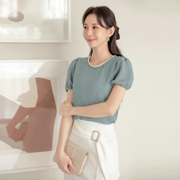 Pearl Round Neck Chiffon Flared Sleeve Top