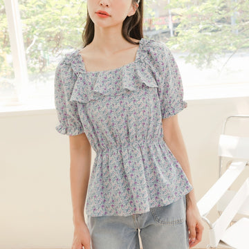Square Neck Floral Ruffle Puff Sleeve Waist Top