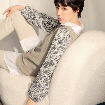 Ink Splash Print Pleated Long Sleeve Top