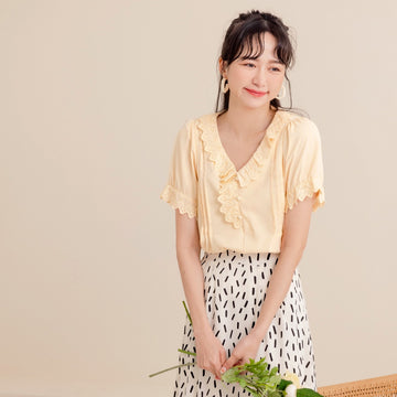 V-Neck Eyelet Lace Patch Button Puff Sleeve Top