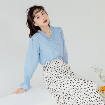 V-Neck Ruffle Puff Sleeve Button Top