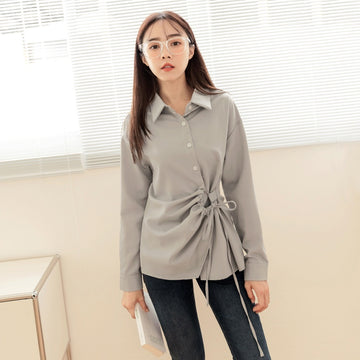 Solid Color Waist Drawstring Collar Long Sleeve Shirt AB16214