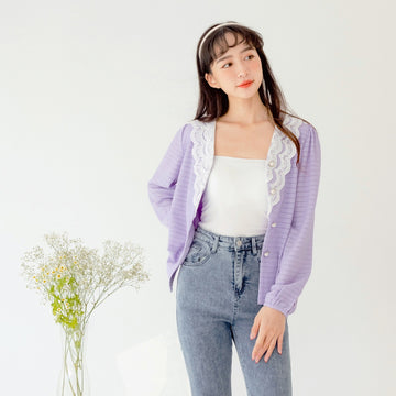 V-Neck Eyelet Lace Patch Pearl Button Top