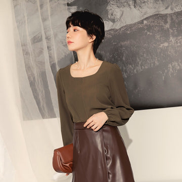 Square Neck Side-Tie Asymmetric Waist Long Sleeve Top