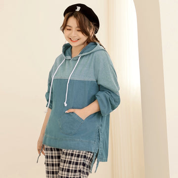 Trendy Color Block Denim Hoodie Top