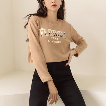 Casual Printed Fleece Cropped Long Sleeve Top