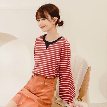 Cotton Contrast Stripe Puff Sleeve Top