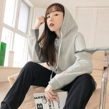 Plaid Patch Warm Hoodie Sweatshirt Top