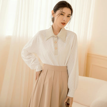 Layered Pearl Button Puff Sleeve Top