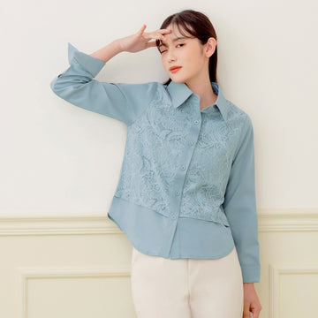Eyelet Lace Splice Flared Sleeve Shirt Top