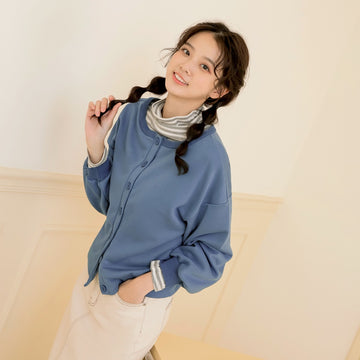 Round Neck Drop Shoulder Buttoned Cardigan Top