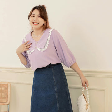 V-Neck Eyelet Lace Puff SleeveTop