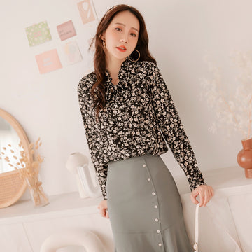 Work Floral Ruffled Stand Collar Tie Blouse/Top