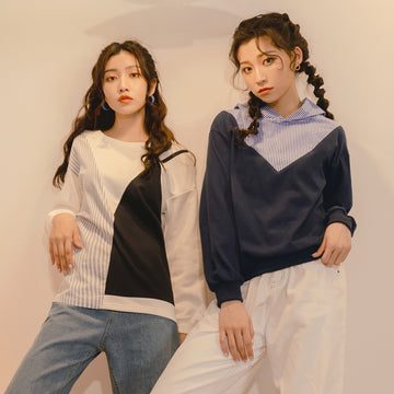 Stripe Patch Hoodie Brushed Loose Sweatshirt Top