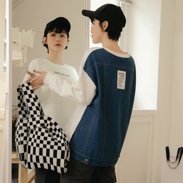 Loose Fit Splice Denim Sweatshirt Top