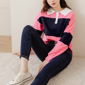 Cotton Henley Neck Contrast Button Top Sweatshirt