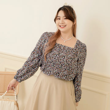 Square Neck Pleated Puff Sleeve Floral Chiffon Top