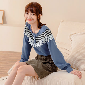 Eyelet Lace Striped Buttoned Top