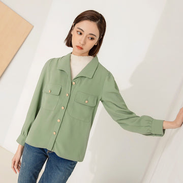 V-Neck Gold Button Long Sleeve Top/Shirt