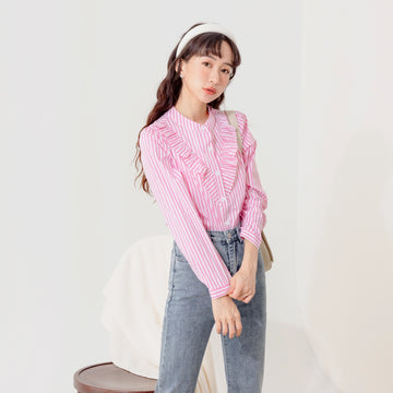 Stripe Printed Ruffle Collar Sleeveless Shirt Top
