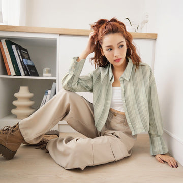 Cotton-Linen Stripe Waist Tie Short Shirt Top