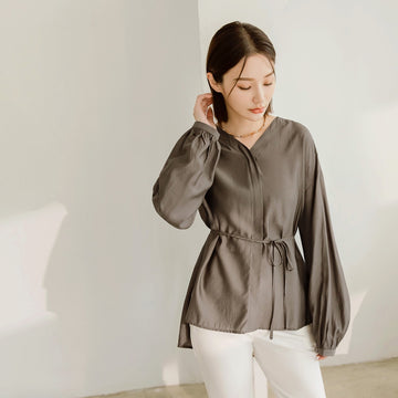V-Neck Waist Puff Sleeve Top With Tie