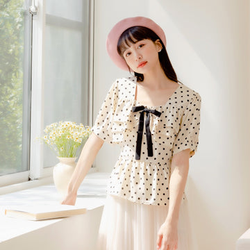 Square Neck Polka Dot Ruffle Waist Tie Top