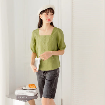 Square Neck Embroidered Eyelet Lace Button Puff Sleeve Top