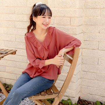 V-Neck Eyelet Lace Ruffle Sleeve Long Sleeve Top