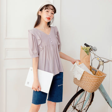 V-Neck Pleated Ruffle Button Top