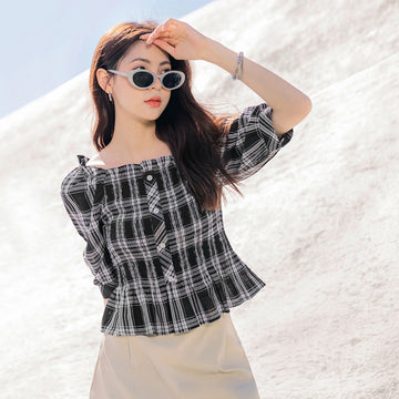 2-Way Plaid Square Neck Off-Shoulder Ruffle Short Top