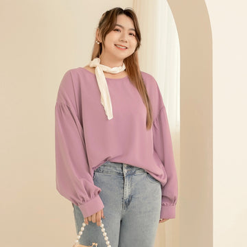 Round Neck Puff Sleeve Drop Shoulder Chiffon Long Top